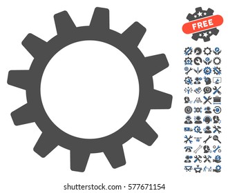 Cogwheel icon with bonus tools icon set. Vector illustration style is flat iconic cobalt and gray symbols on white background.
