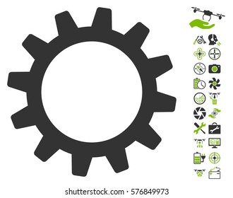 Cogwheel icon with bonus uav service pictograms. Vector illustration style is flat iconic eco green and gray symbols on white background.