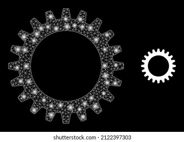 Cogwheel icon and bright net mesh cogwheel structure with flare light spots. Illuminated model is done using cogwheel vector icon and triangle mesh. Bright frame cogwheel, on a black background.