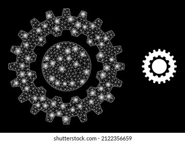 Icono del volante y modelo de la rueda cognoscitiva de malla de la constelación con manchas de la bengala. El modelo iluminado se hace a partir del icono del vector de la rueda cognitiva y de la malla triangular. La rueda cognitiva de la canal de constelación, sobre un fondo negro.