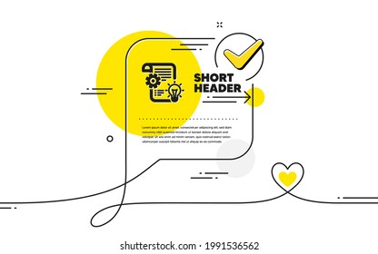 Cogwheel icon. Continuous line check mark chat bubble. Engineering tool sign. Idea bulb symbol. Cogwheel icon in chat comment. Talk with heart banner. Vector