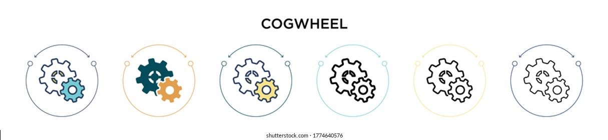 Cogwheel icon in filled, thin line, outline and stroke style. Vector illustration of two colored and black cogwheel vector icons designs can be used for mobile, ui, web