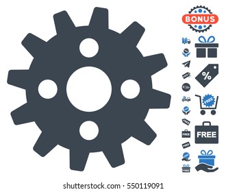 Cogwheel icon with free bonus design elements. Vector illustration style is flat iconic symbols, smooth blue colors, white background.