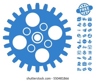 Cogwheel icon with free bonus graphic icons. Vector illustration style is flat iconic symbols, cobalt color, white background.