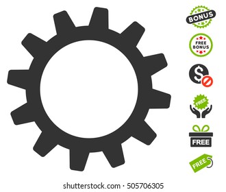 Cogwheel icon with free bonus symbols. Vector illustration style is flat iconic symbols, eco green and gray colors, white background.