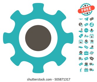 Cogwheel icon with free bonus symbols. Vector illustration style is flat iconic symbols, grey and cyan colors, white background.