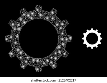 Cogwheel icon and glowing mesh cogwheel model with glowing light spots. Illuminated model created using cogwheel vector icon and polygonal mesh. Illuminated carcass cogwheel, on a black background.