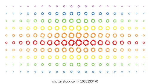 Cogwheel icon rainbow colored halftone pattern. Vector cogwheel shapes are arranged into halftone grid with vertical spectral gradient. Designed for backgrounds, covers,