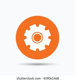 Cogwheel icon. Repair service symbol. Orange circle button with flat web icon. Vector