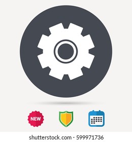 Cogwheel icon. Repair service symbol. Calendar, shield protection and new tag signs. Colored flat web icons. Vector
