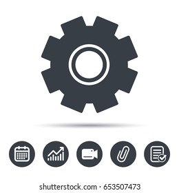 Cogwheel icon. Repair service symbol. Calendar, chart and checklist signs. Video camera and attach clip web icons. Vector
