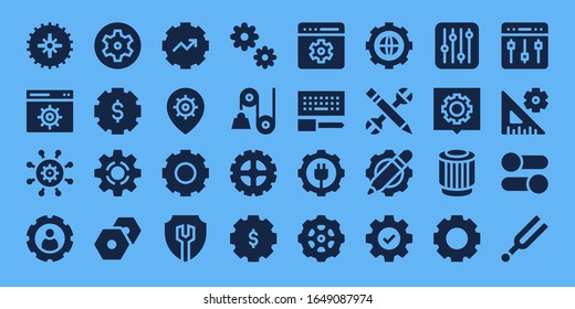 cogwheel icon set. 32 filled cogwheel icons. on blue background style Simple modern icons such as: Gear, Settings, Setting, Cogwheel, Pulley, Configuration, Tuning