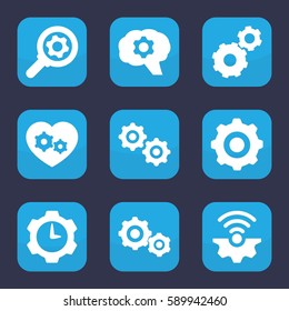 cogwheel icon. Set of 9 filled cogwheel icons such as gear
