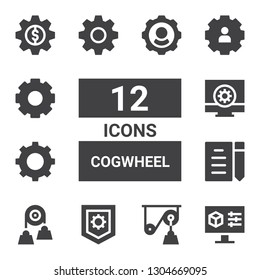 cogwheel icon set. Collection of 12 filled cogwheel icons included Settings, Pulley, Draft, Configuration
