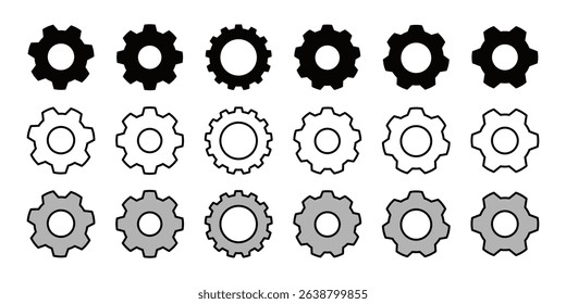 Cogwheel icon set featuring flat and outline vector symbols of cog, gear, wheel, mechanism, factory, setting, engine, function, automation, technology, work, etc. Line and glyph icon set of gearwheel.