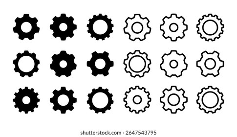 Cogwheel icon set featuring flat and outline vector symbols of cog, gear, wheel, mechanism, factory, setting, engine, function, automation, technology, work, etc. Line and glyph icon set of gearwheel.