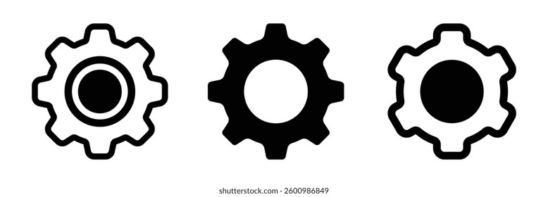 Cogwheel icon set featuring line and glyph gear symbols. Outline gear mechanism illustration.