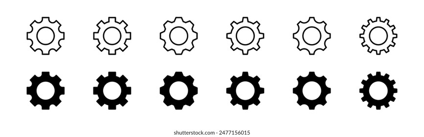 Juego de iconos de rueda dentada. Línea y glifo de la rueda dentada. Símbolo de mecanismo de rueda dentada de contorno