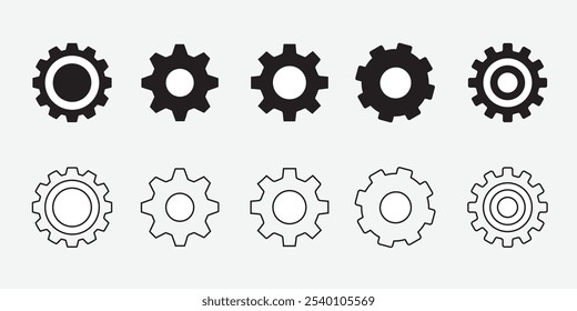 Cogwheel icon set. Line and glyph gearwheel sign. Outline cogwheel mechanism symbol