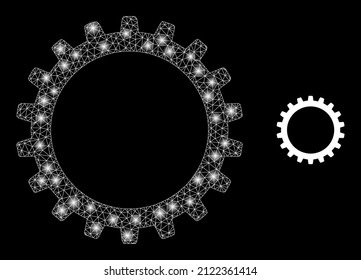 Cogwheel icon and shiny mesh cogwheel model with glowing light spots. Illuminated model created using cogwheel vector icon and triangulated mesh. Glowing frame cogwheel, on a black background.