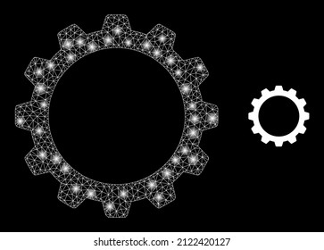Cogwheel icon and shiny mesh net cogwheel model with glossy light spots. Illuminated constellation done from cogwheel vector icon and triangle mesh. Glossy carcass cogwheel, on a black background.