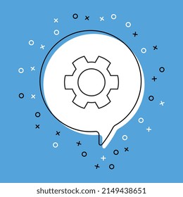 Cogwheel icon in white speech bubble with decorative elements on a blue background. Modern graphic announcement with thin line symbol. Vector illustration EPS 10