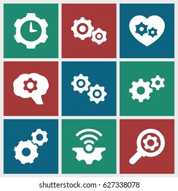 Cogwheel icons set. set of 9 cogwheel filled icons such as gear