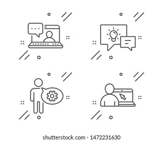 Cogwheel, Idea lamp and Friends chat line icons set. Online education sign. Engineering tool, Business energy, Message. Internet lectures. Business set. Line cogwheel outline icon. Vector