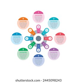 cogwheel infographic template. eight steps briefing template. magazine, annual report infographic. infographic for the world of education, science, business, technology