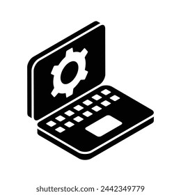 Cogwheel dentro de la pantalla del portátil que muestra el icono del concepto de configuración del portátil