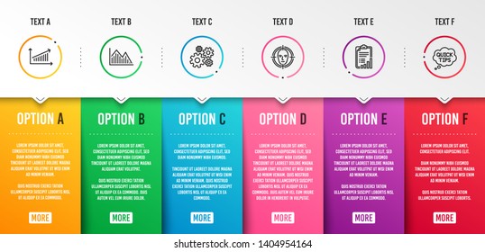 Cogwheel, Investment graph and Checklist icons simple set. Face detect, Chart and Quick tips signs. Engineering tool, Investment infochart. Science set. Infographic template. 6 steps timeline. Vector