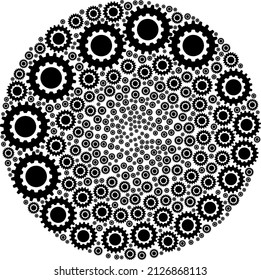 Los elementos de las ruedas de coagulación se dispersan en grupos esféricos. Collage de la ronda de iconos de la rueda. Collage esférico de burbujas de abstracción organizado con elementos de la rueda cognitiva.
