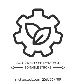 Cogwheel with leaves line ui icon. Nature and technology integration. Eco friendly industry. Bio setting. Isolated vector outline symbol. Webdesign user interface element linear, pixel perfect