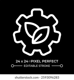 Cogwheel with leaves line ui icon isolated on black. Nature and technology integration. Eco friendly industry. Bio setting. Vector outline symbol. User interface element dark mode, pixel perfect