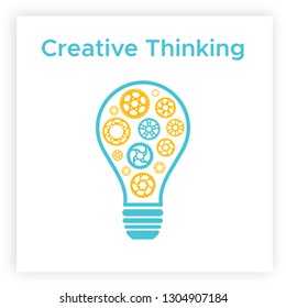 Cogwheel lightbulb creative idea concept vector illustration. Creative thinking graphic with gear and light bulb. Blue lamp silhouette with orange cogwheel innovation think concept.