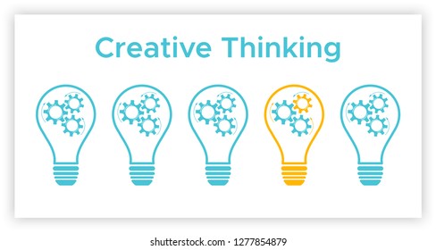 Cogwheel lightbulb creative thinking concept vector illustration. Creative people graphic idea with gear and light bulb. Blue lamp silhouette with orange lamp innovation think concept.