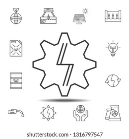 Cogwheel with lightning sign icon. Simple thin line, outline vector element of Sustainable Energy icons set for UI and UX, website or mobile application