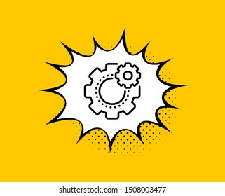 Cogwheel line icon. Comic speech bubble. Engineering tool sign. Cog gear symbol. Yellow background with chat bubble. Cogwheel icon. Colorful banner. Vector