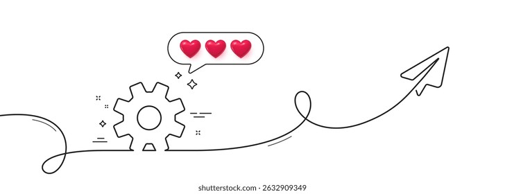 Cogwheel line icon. Continuous line with share plane. Service sign. Transmission Rotation Mechanism symbol. Hearts rate review in speech bubble. Service single line ribbon. Loop curve pattern. Vector