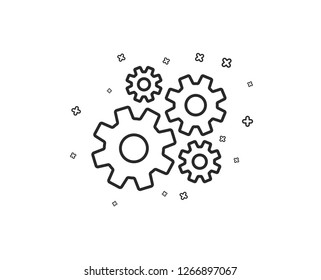 Cogwheel line icon. Engineering tool sign. Cog gear symbol. Geometric shapes. Random cross elements. Linear Cogwheel icon design. Vector
