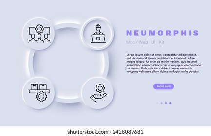 Cogwheel line icon. Mechanical, metal, plastic, helical, spur, bevel, helmet, hand, boxes, delivery. Neomorphism style. Vector line icon for business and advertising