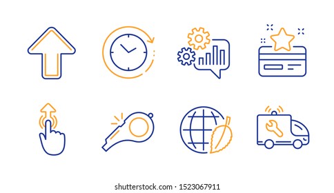 Cogwheel, Loyalty card and Environment day line icons set. Whistle, Upload and Swipe up signs. Time change, Car service symbols. Engineering tool, Bonus points. Business set. Vector