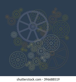 Cogwheel machine outlines on dark background, vector editable illustartion
