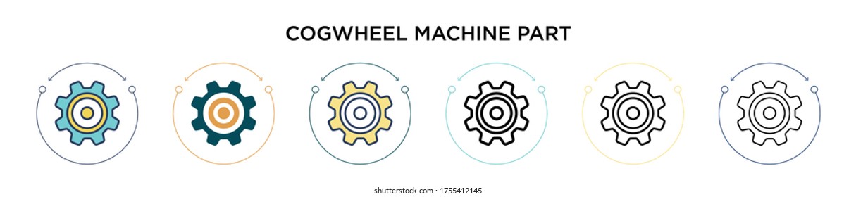 Cogwheel machine part icon in filled, thin line, outline and stroke style. Vector illustration of two colored and black cogwheel machine part vector icons designs can be used for mobile, ui, web