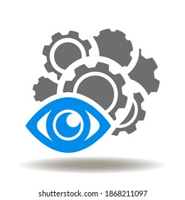 Cogwheel mechanism with eye icon vector. Conceptual symbol of machine learnng automation technology. Video surveillance system sign. AI Control Cam Register Illustration.
