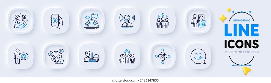 Cogwheel, Meeting and Cleaning service line icons for web app. Pack of 5g internet, Save planet, Brand pictogram icons. Money profit, Engineering team, Video conference signs. Lgbt. Vector