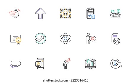 Cogwheel, Messenger and Notification cart line icons for website, printing. Collection of Brand ambassador, Dollar exchange, Reject certificate icons. Translation service, Binary code. Vector