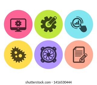 Cogwheel, Monitor settings and Computer fan icons simple set. Bacteria, Graph chart and Article signs. Edit settings, Service cogwheel. Science set. Flat cogwheel icon. Circle button. Vector