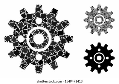 Cogwheel mosaic of bumpy parts in variable sizes and color tones, based on cogwheel icon. Vector bumpy parts are combined into collage. Cogwheel icons collage with dotted pattern.