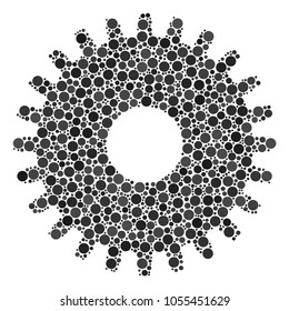 Cogwheel mosaic of circle dots in different sizes and color tints. Circle dots are grouped into cogwheel vector illustration. Vector illustration.